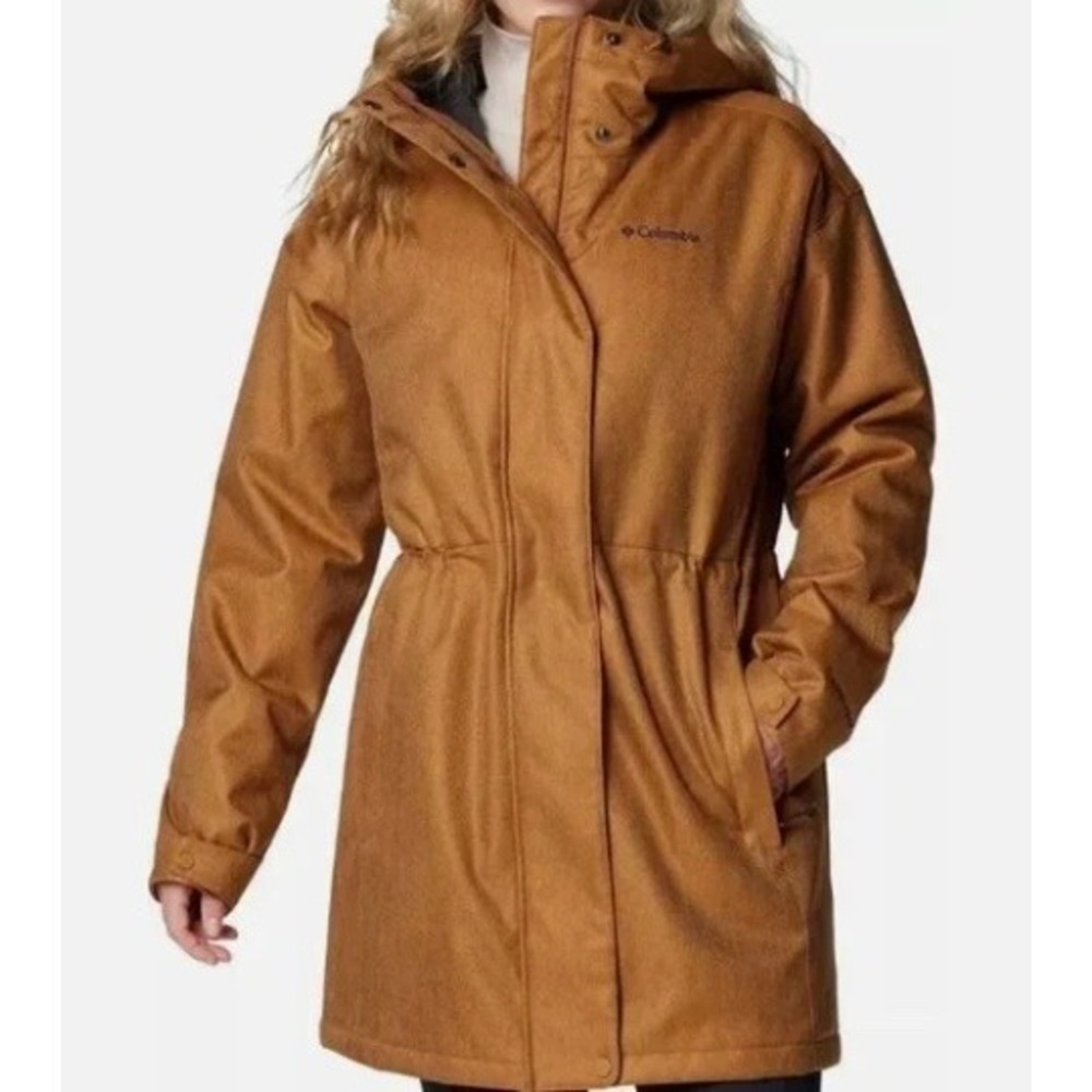 COLUMBIA Portland Point Parka Womens XL Brown Herringbone Omni-Tech Hooded